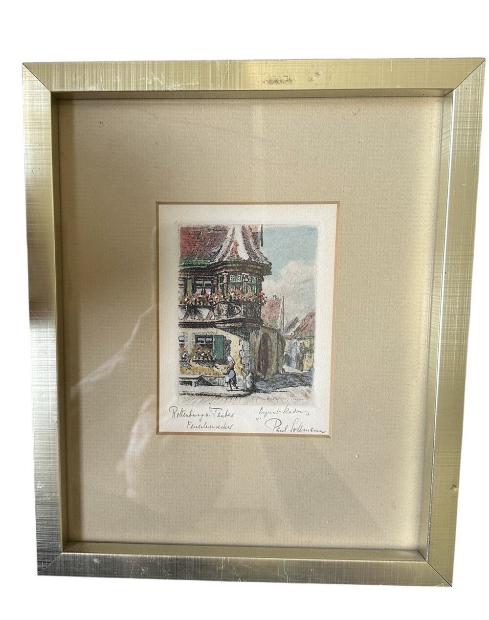 Framed Original Signed Paul Solloman Etching of Rothenberg Ob Der Tauber Germany